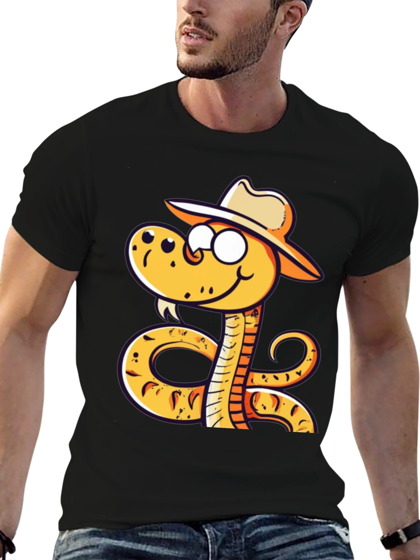 Snake Cowboy Cartoon Black T-Shirt