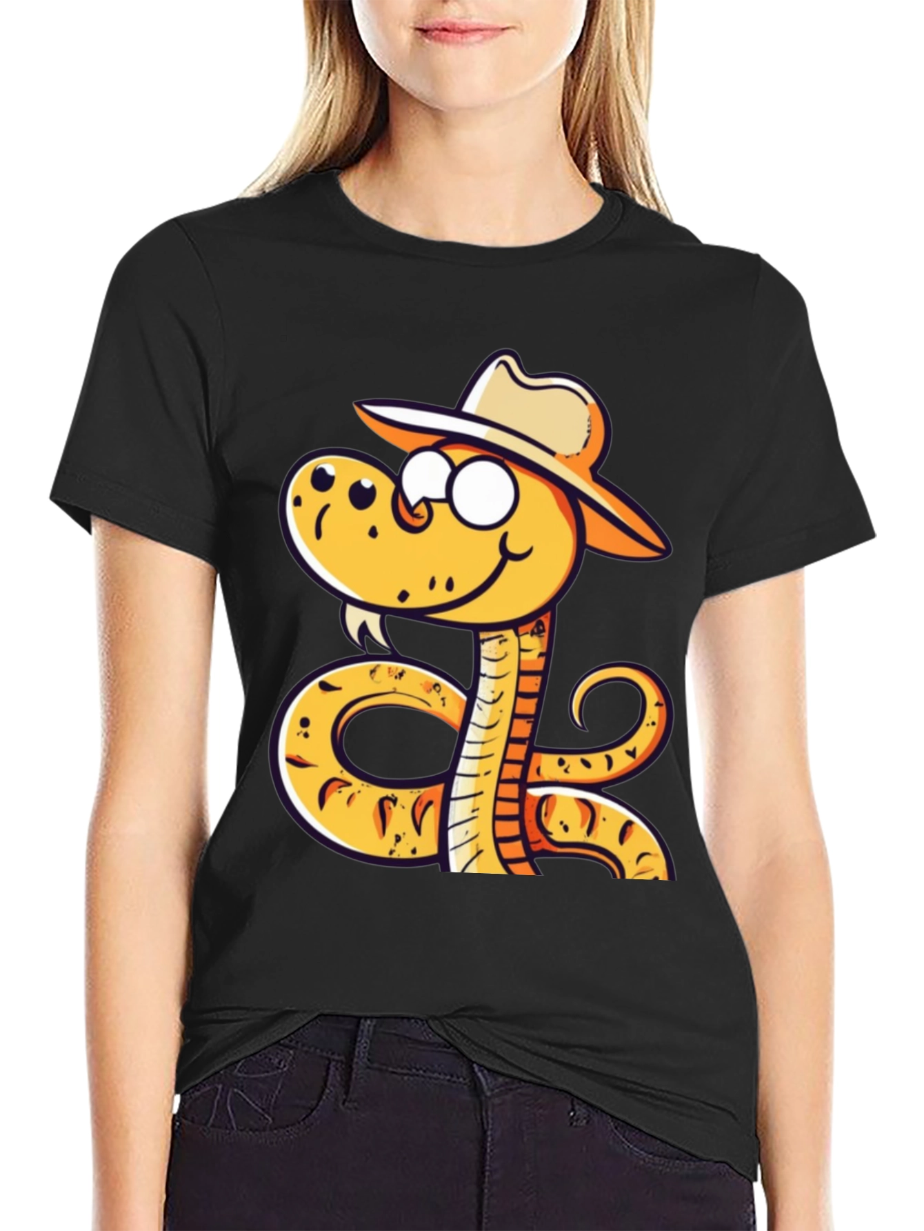 Snake Cowboy Cartoon Black T-Shirt