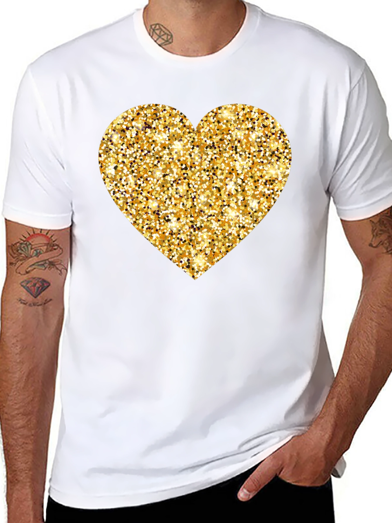 Gold Glitter Heart Black T-Shirt