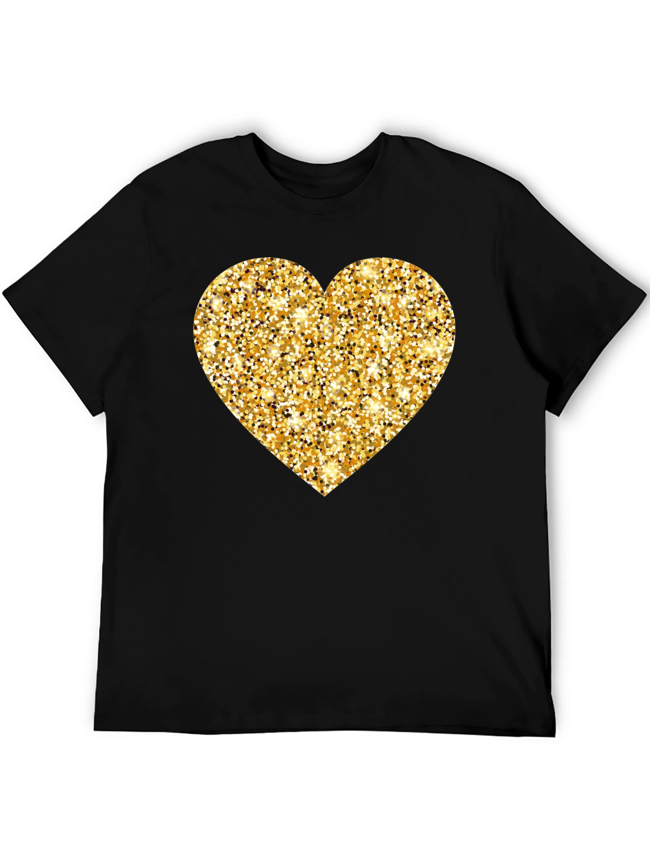 Gold Glitter Heart Black T-Shirt