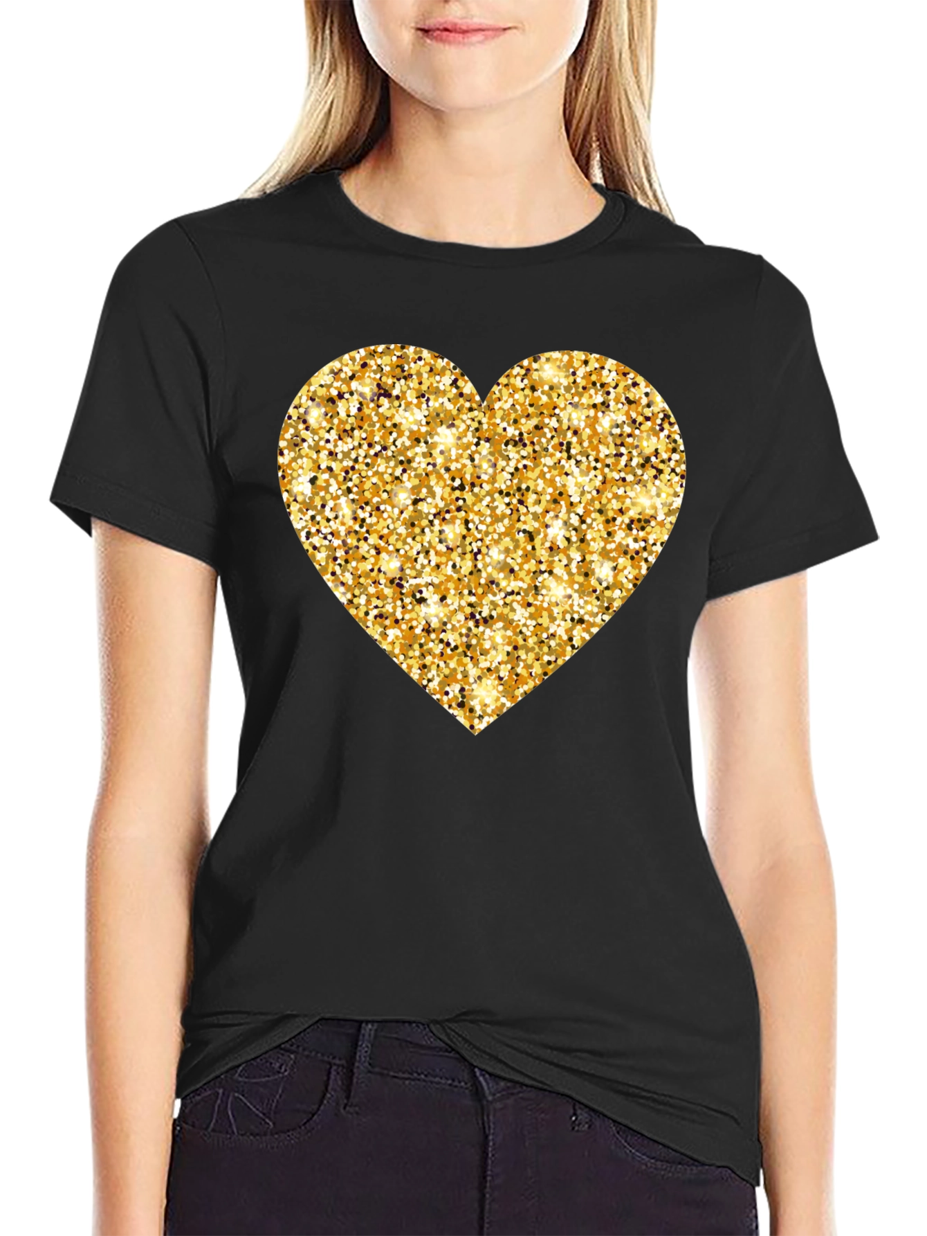 Gold Glitter Heart Black T-Shirt