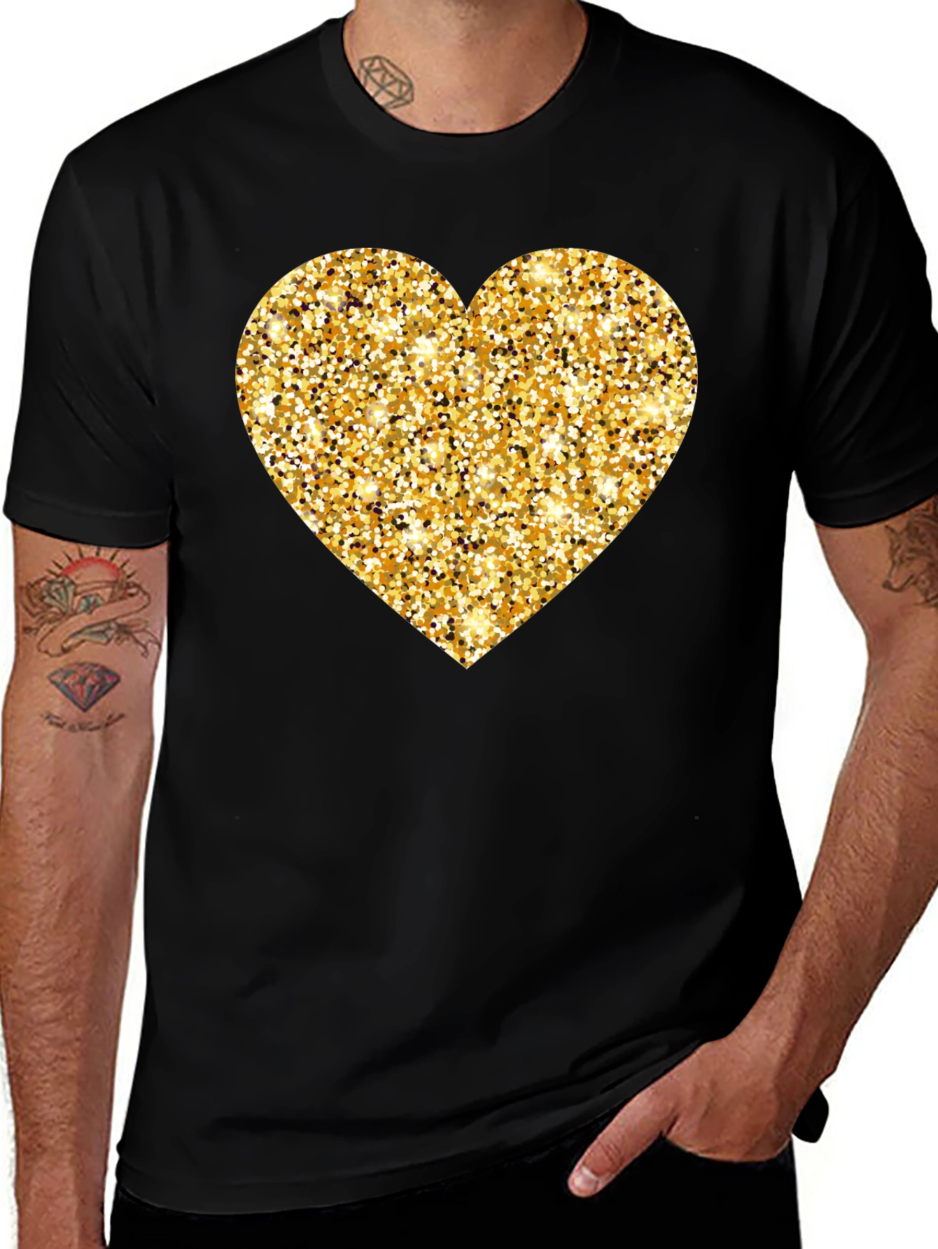Gold Glitter Heart Black T-Shirt