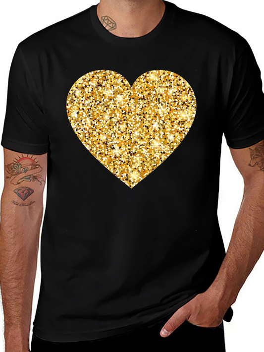 Gold Glitter Heart Black T-Shirt