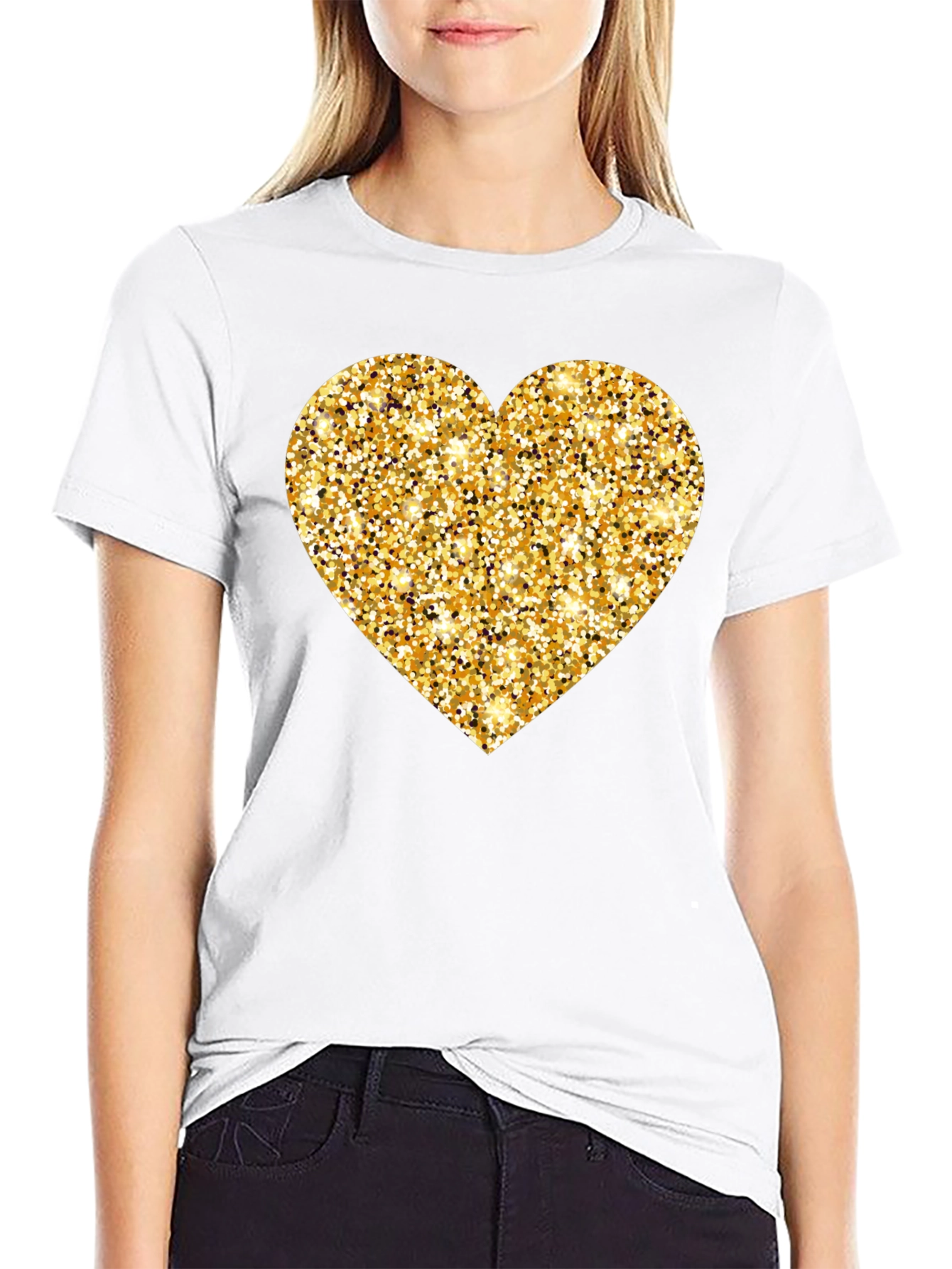Gold Glitter Heart Black T-Shirt