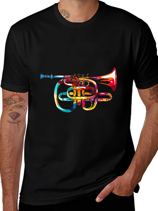 Colorful Trumpet Graphic Black T-Shirt