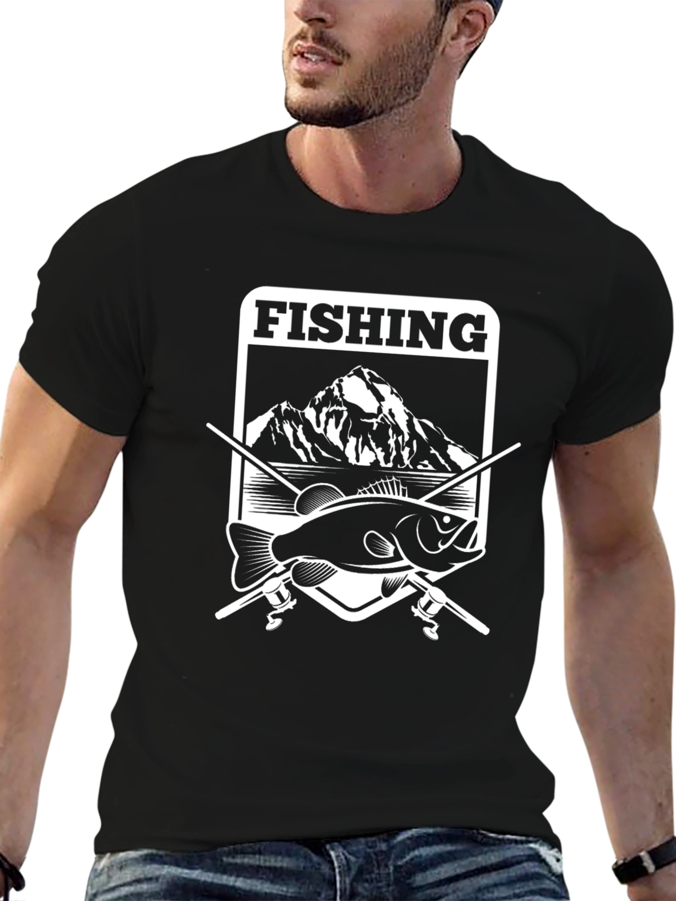 Fishing Mountain Graphic Tee - Black Cotton Blend