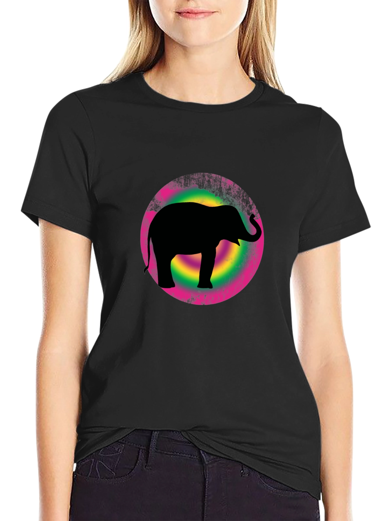 Elephant Silhouette Tee - Retro Circle Design