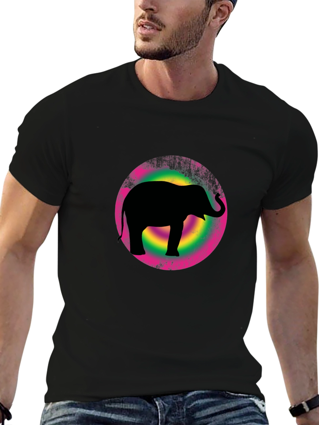 Elephant Silhouette Tee - Retro Circle Design