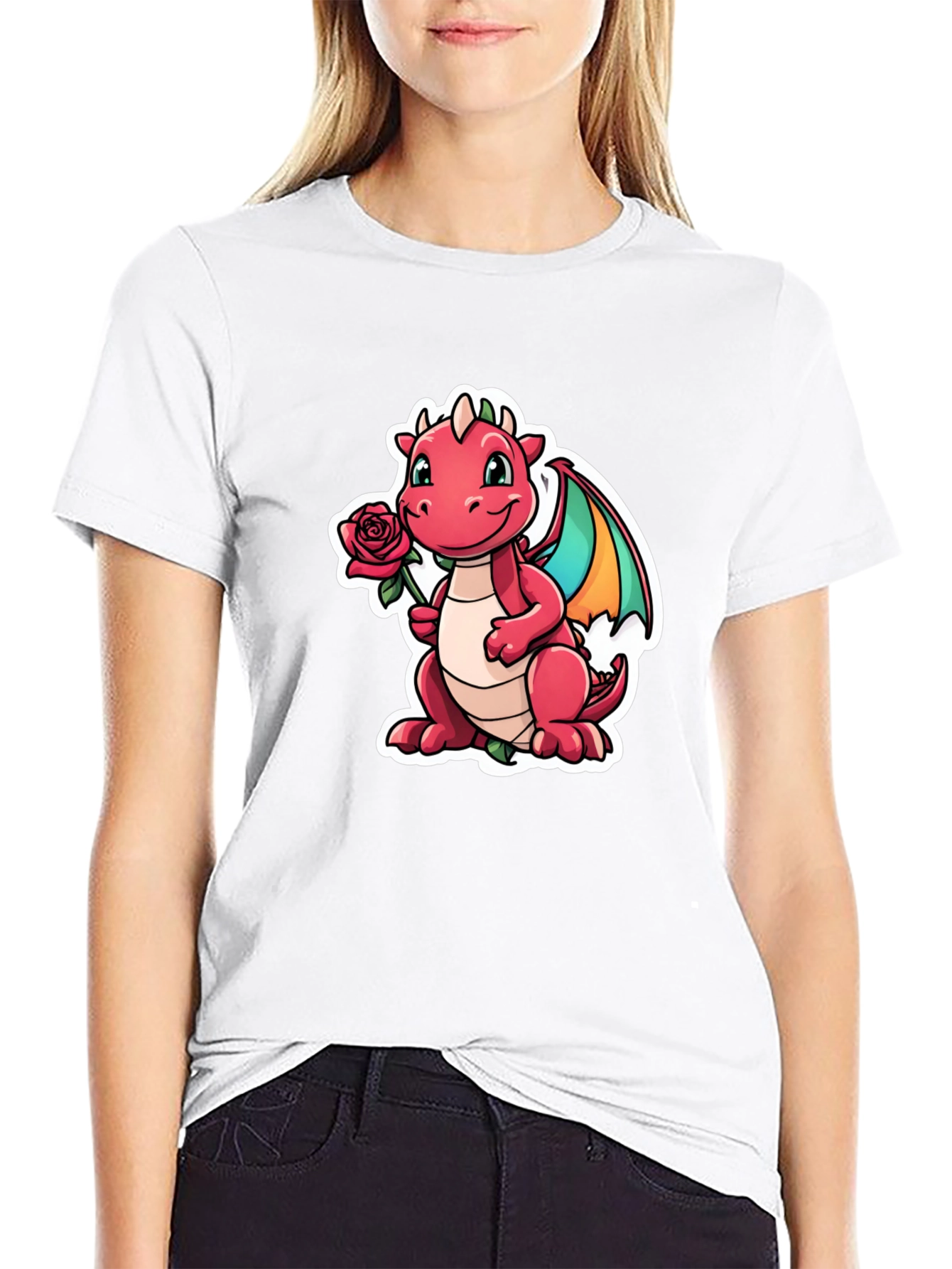 Cute Dragon Holding Rose Graphic Tee