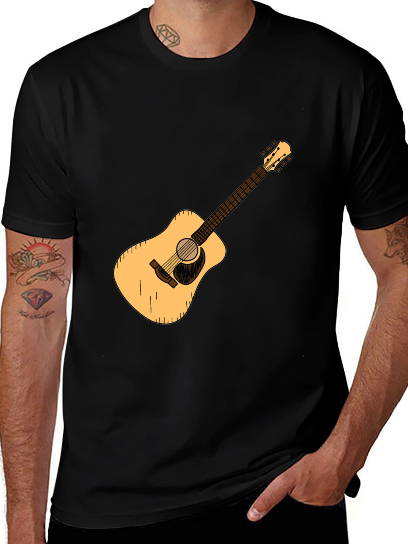 Guitar Graphic Tee - Black Cotton Casual T-Shirt