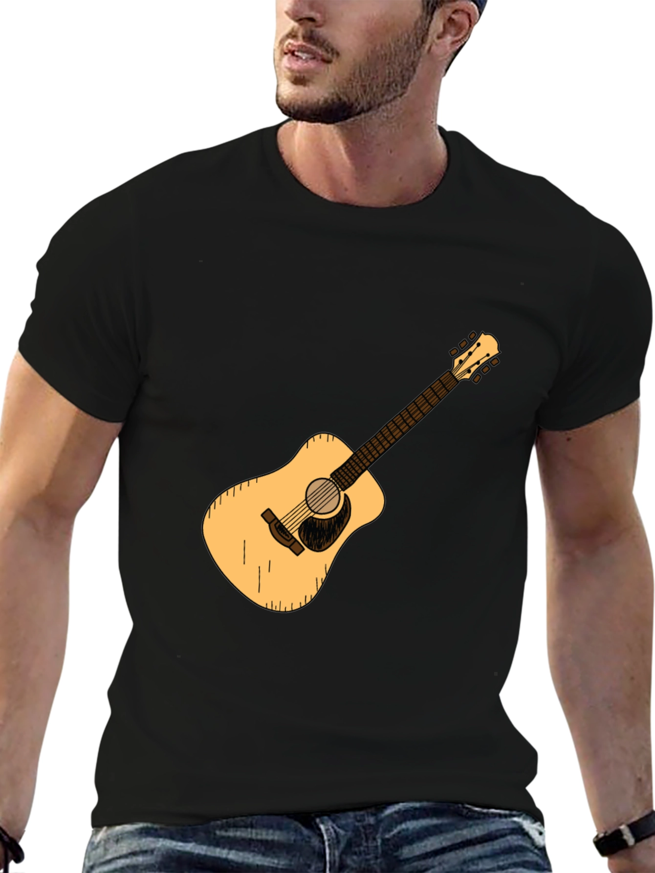 Guitar Graphic Tee - Black Cotton Casual T-Shirt