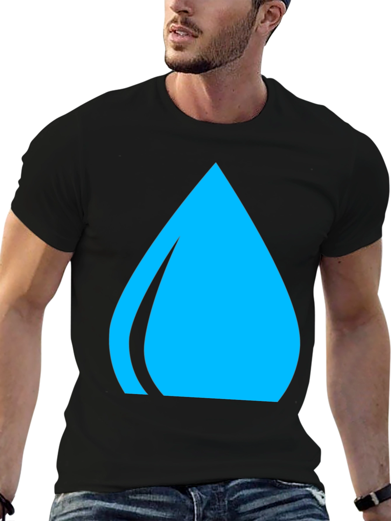 Blue Water Drop Graphic Tee - Casual Black T-Shirt