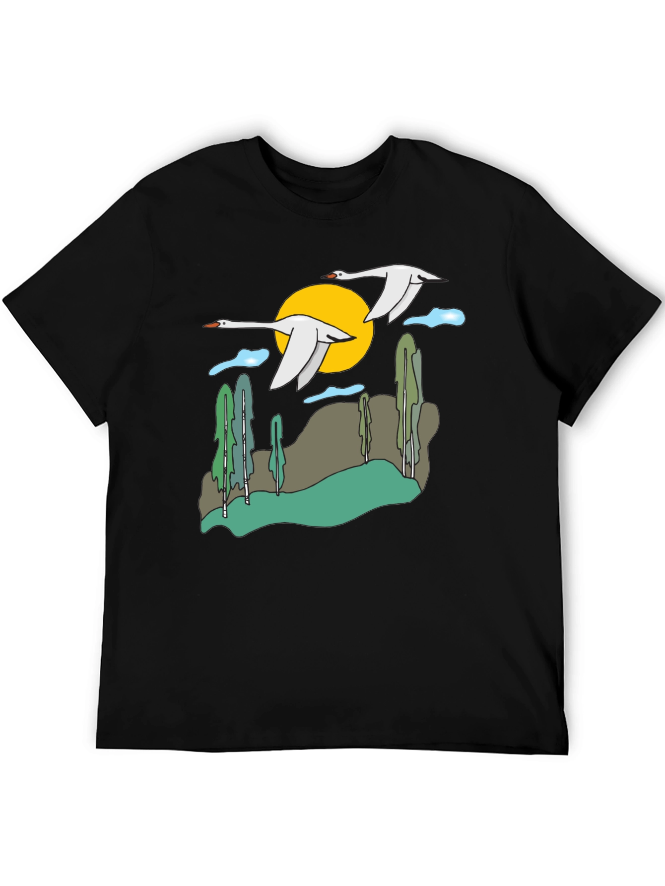 Nature Swans Graphic T-Shirt - Black Cotton Blend