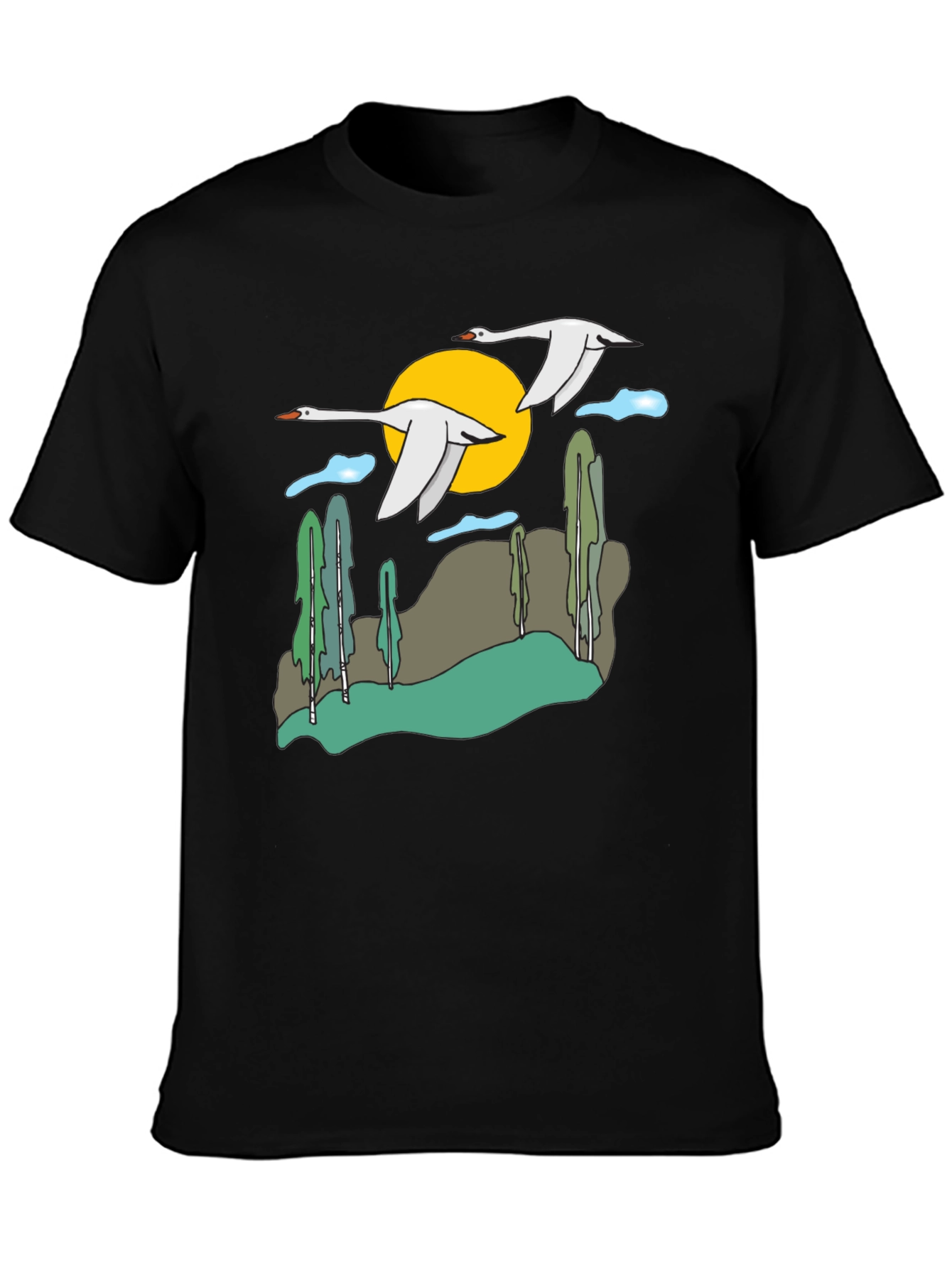 Nature Swans Graphic T-Shirt - Black Cotton Blend