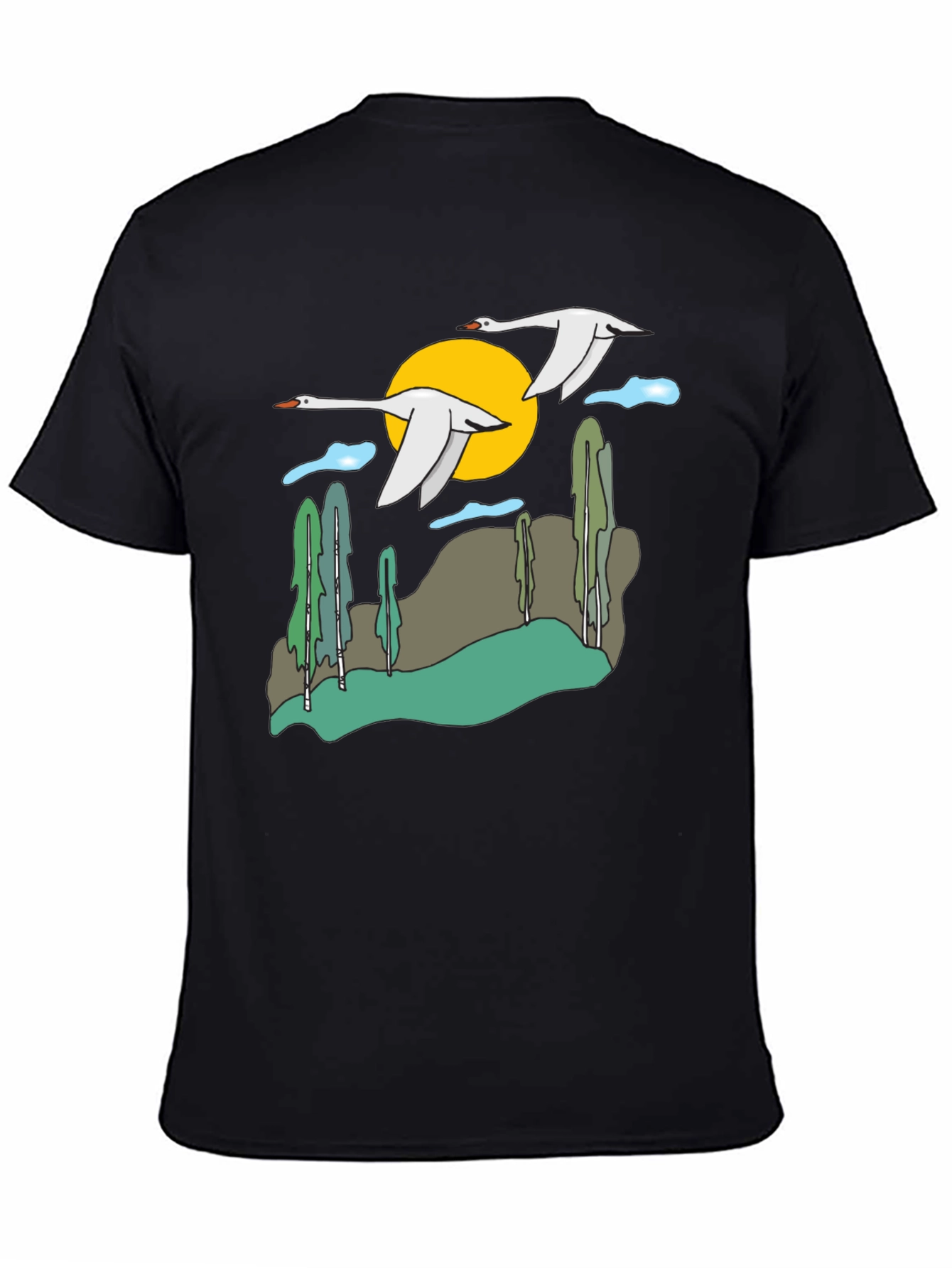 Nature Swans Graphic T-Shirt - Black Cotton Blend