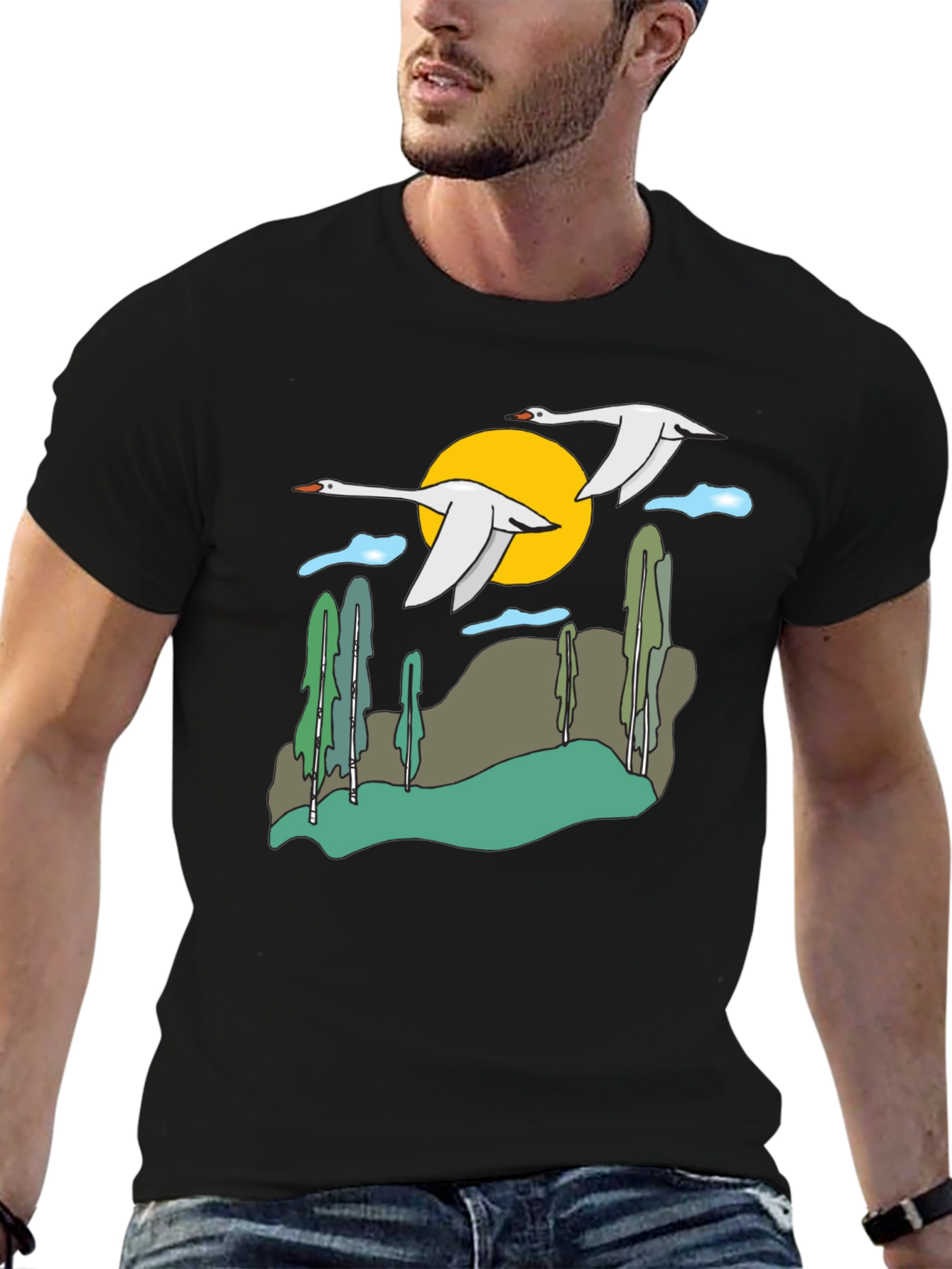 Nature Swans Graphic T-Shirt - Black Cotton Blend