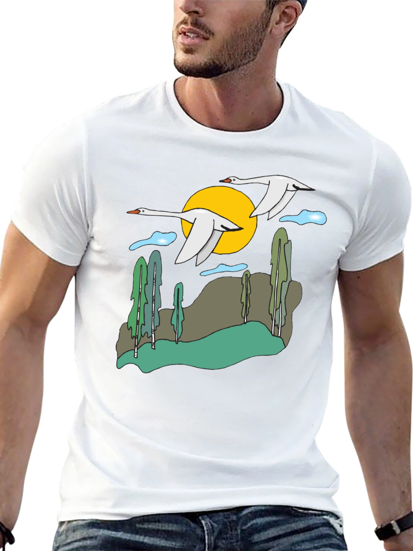 Nature Swans Graphic T-Shirt - Black Cotton Blend