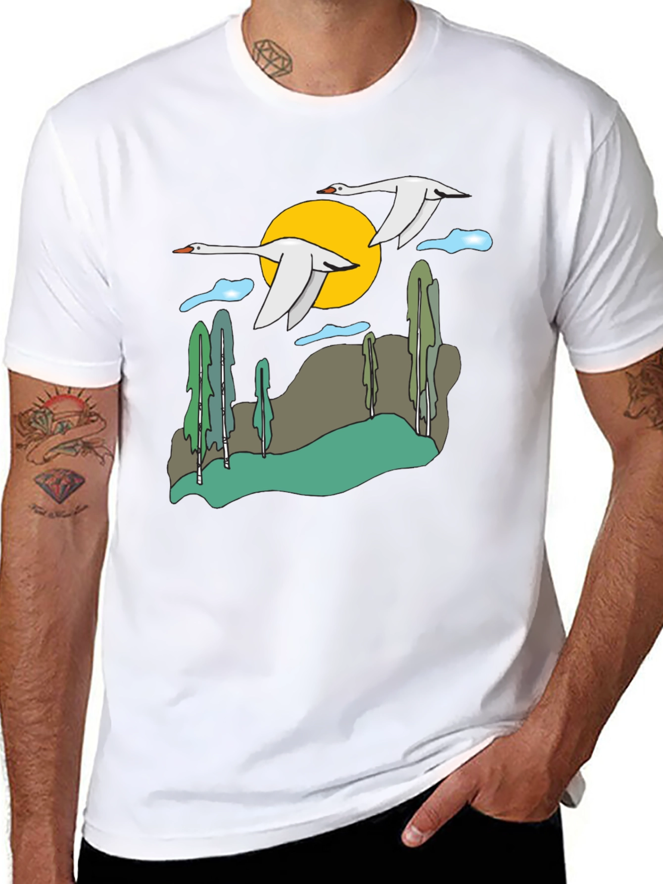 Nature Swans Graphic T-Shirt - Black Cotton Blend