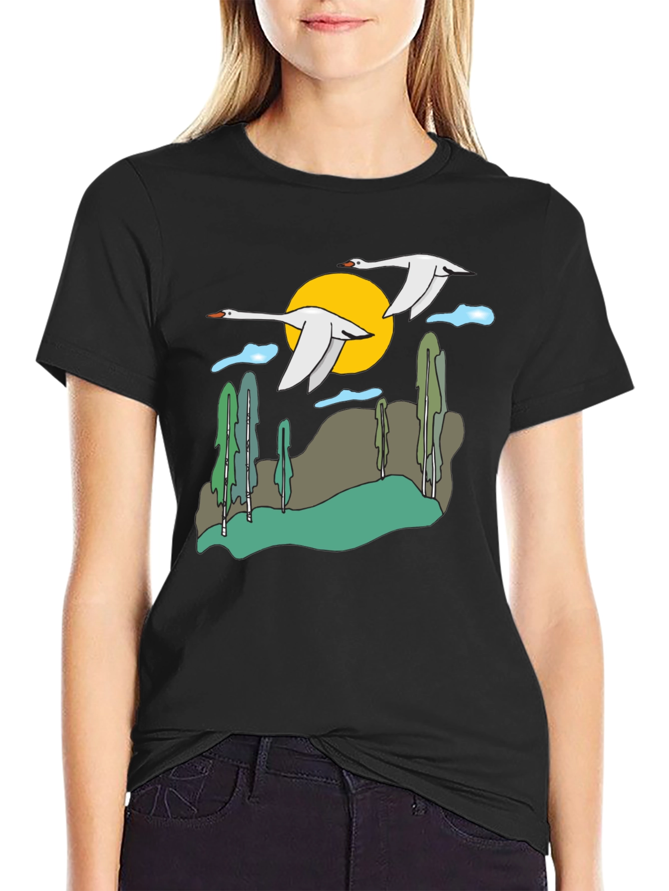 Nature Swans Graphic T-Shirt - Black Cotton Blend