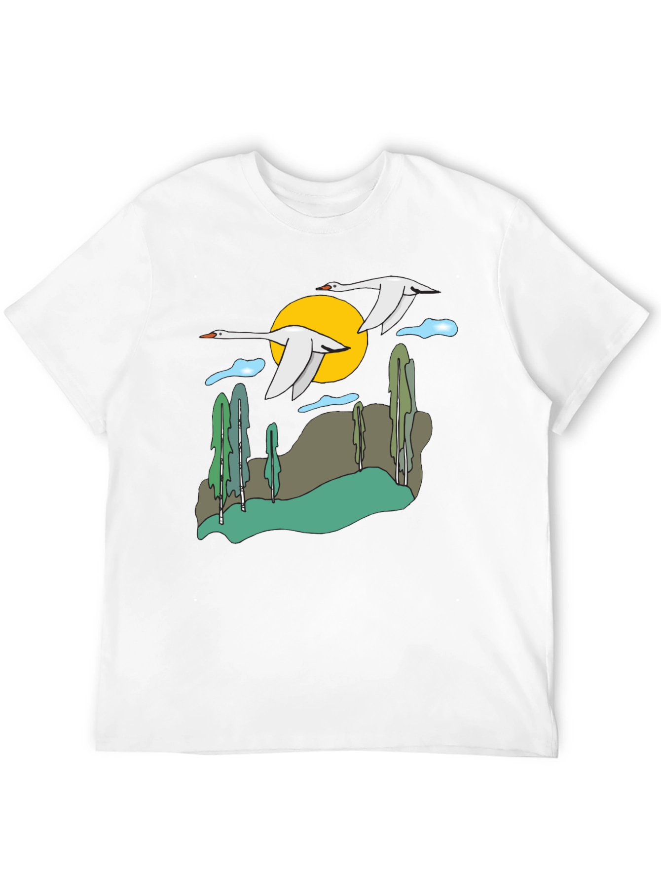 Nature Swans Graphic T-Shirt - Black Cotton Blend