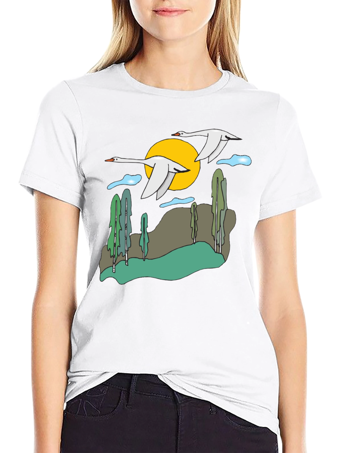 Nature Swans Graphic T-Shirt - Black Cotton Blend