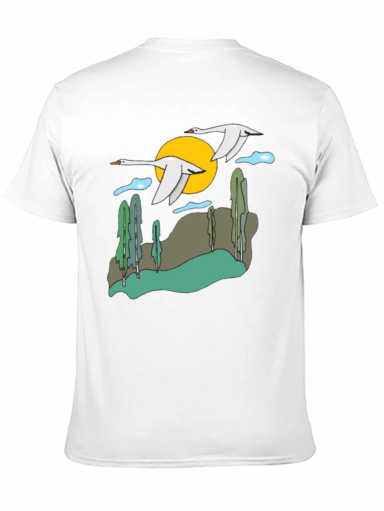 Nature Swans Graphic T-Shirt - Black Cotton Blend