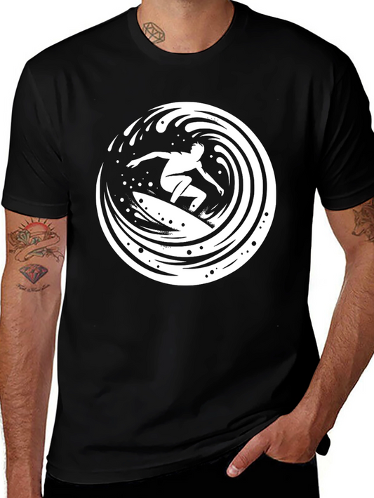 Surfer Wave Graphic Tee - Black Cotton T-Shirt