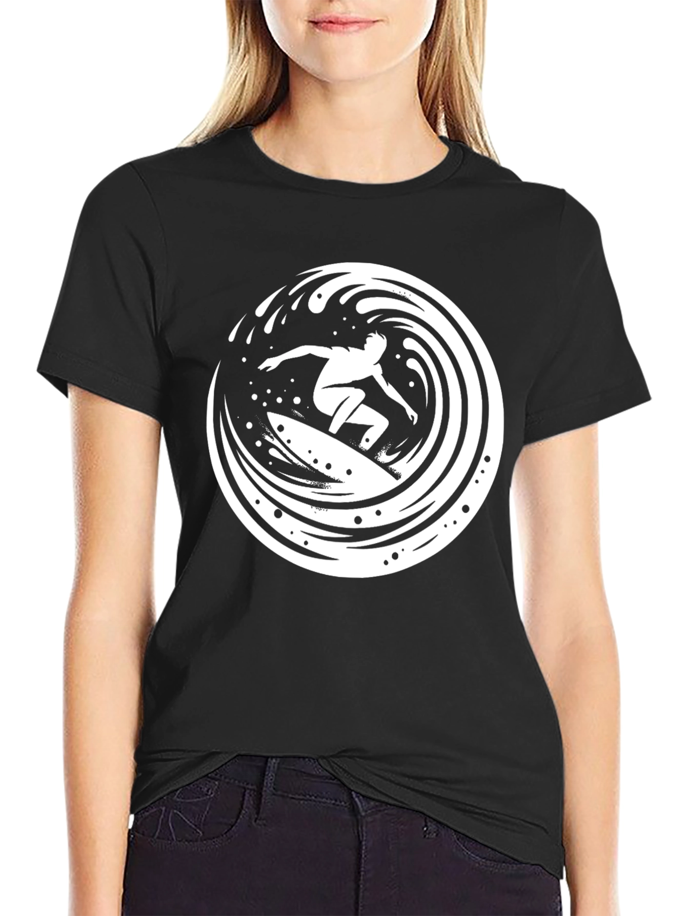 Surfer Wave Graphic Tee - Black Cotton T-Shirt