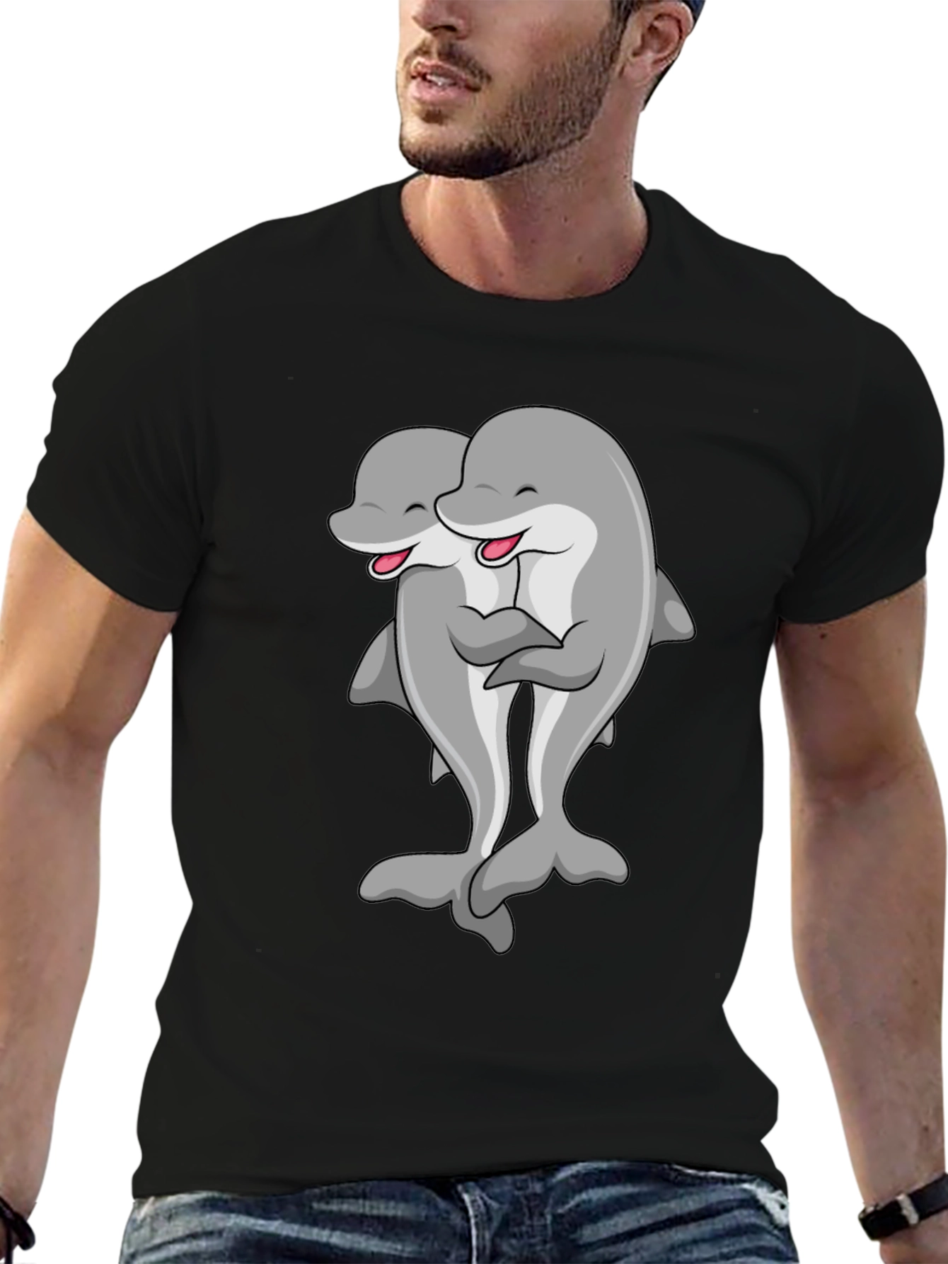 Cute Dolphin Hug Black T-Shirt