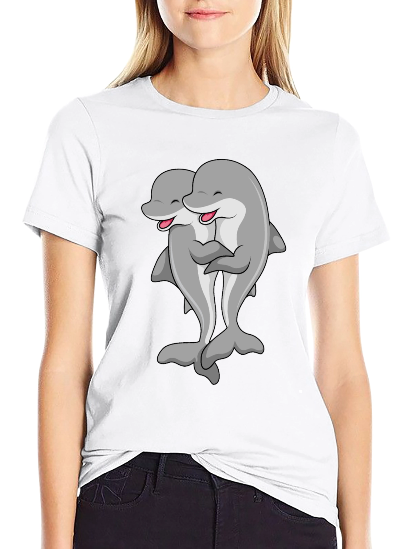 Cute Dolphin Hug Black T-Shirt