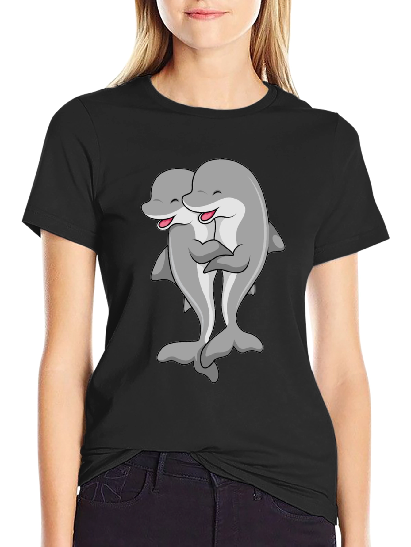 Cute Dolphin Hug Black T-Shirt