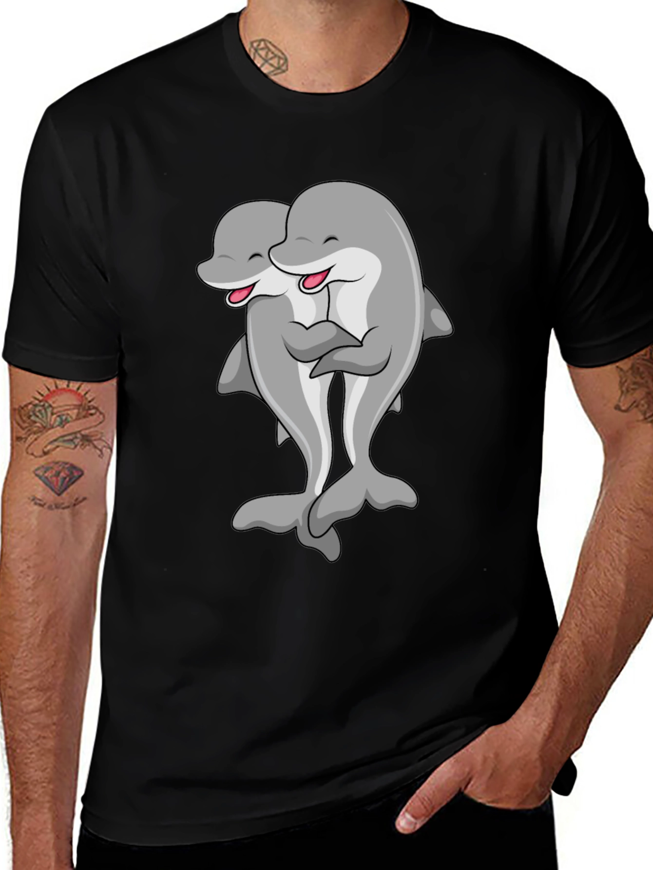 Cute Dolphin Hug Black T-Shirt