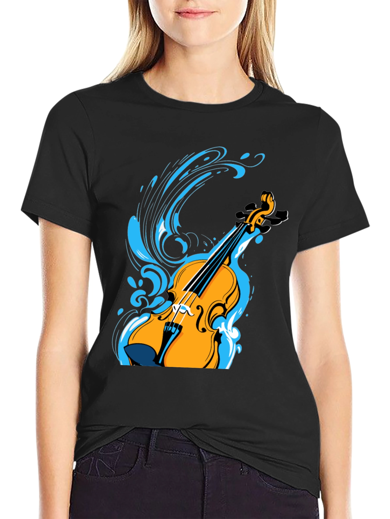 Violin Splash Graphic Tee - Black Cotton Blend Shirt