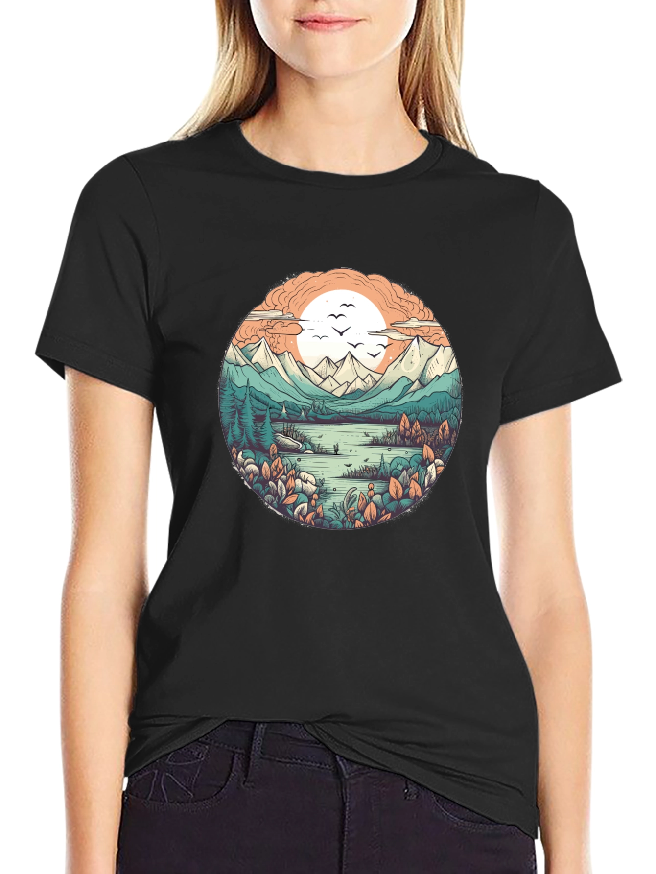 Nature Landscape Graphic Tee - Soft Black Cotton