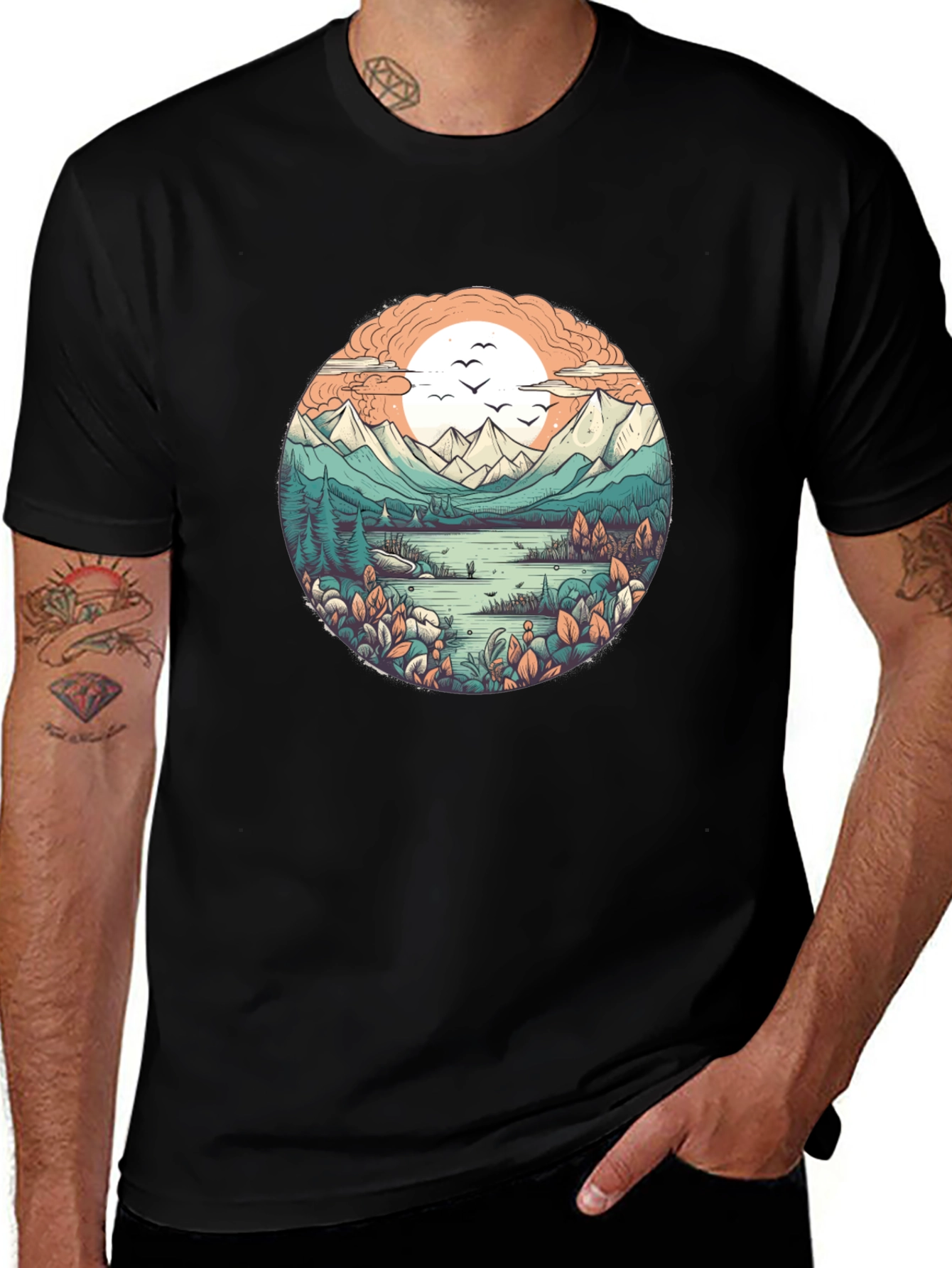 Nature Landscape Graphic Tee - Soft Black Cotton