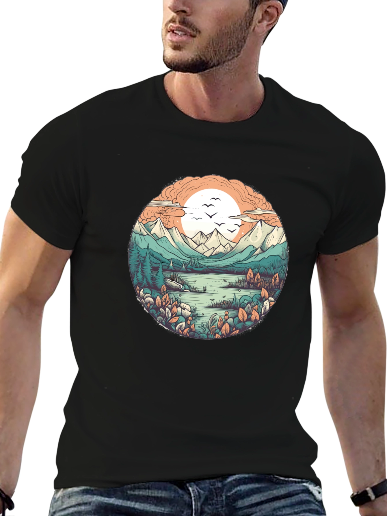 Nature Landscape Graphic Tee - Soft Black Cotton