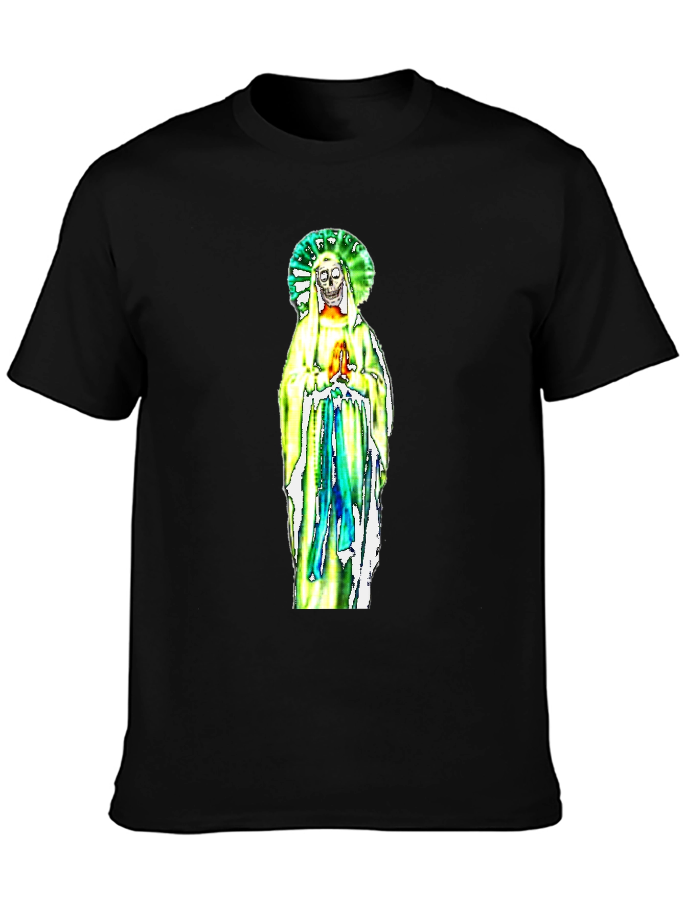 Black T-Shirt with Religious Skeleton Graphic