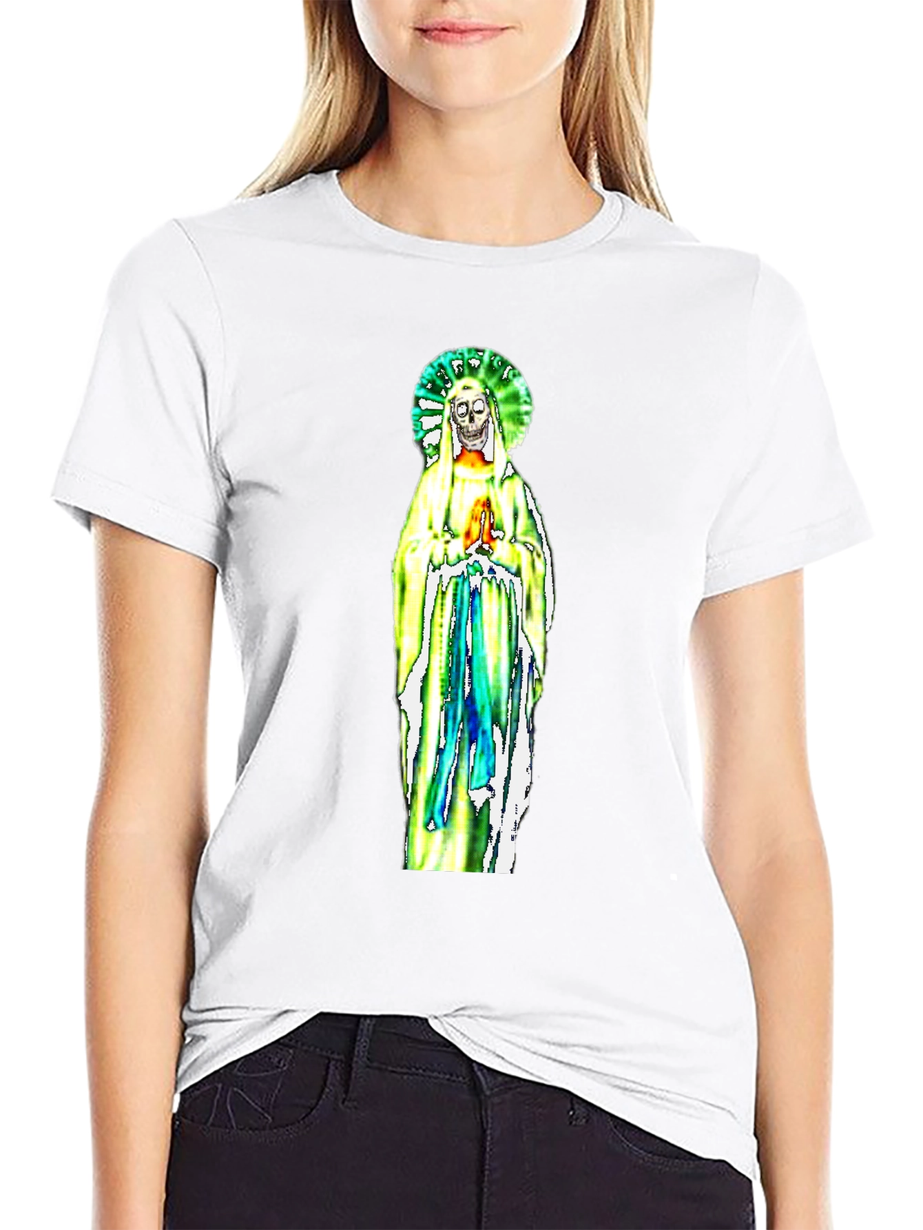 Black T-Shirt with Religious Skeleton Graphic
