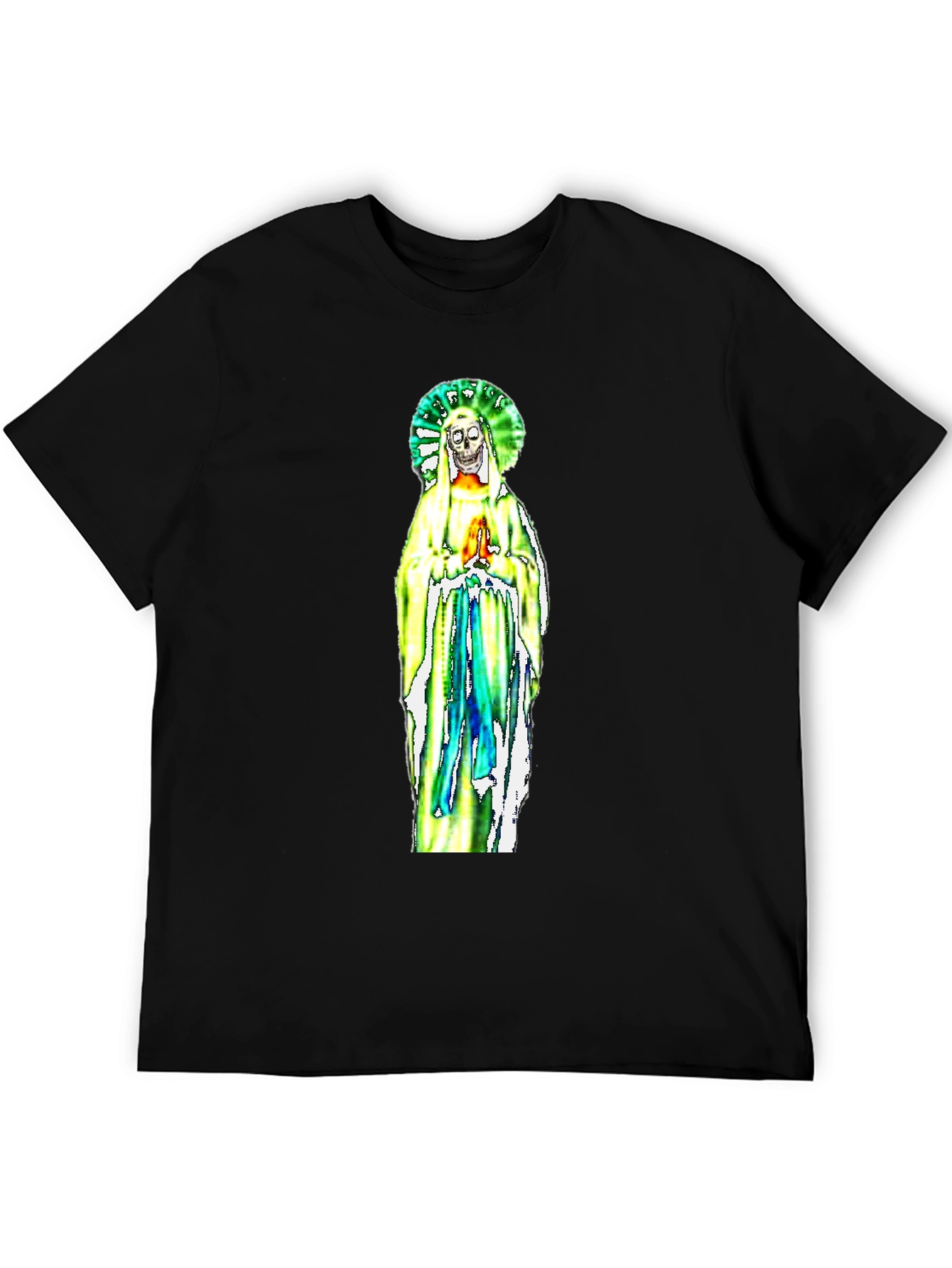 Black T-Shirt with Religious Skeleton Graphic