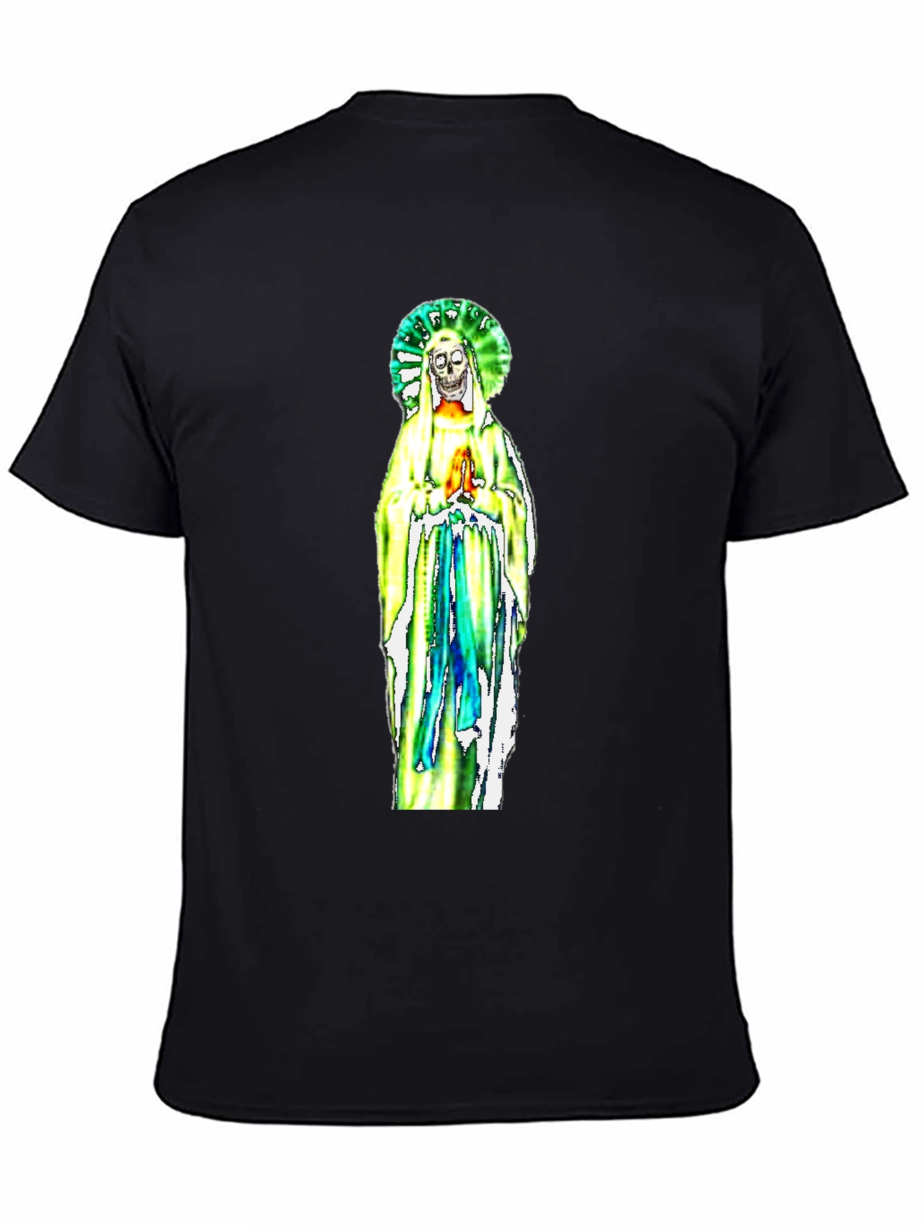 Black T-Shirt with Religious Skeleton Graphic
