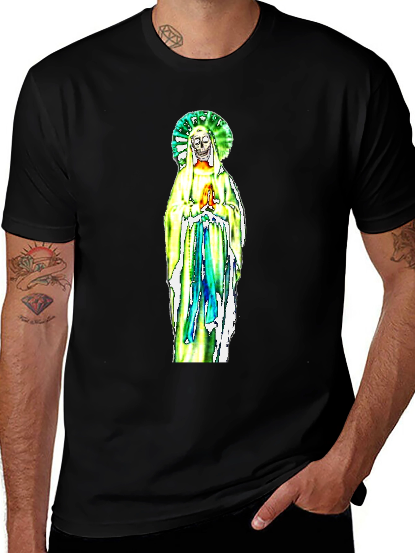 Black T-Shirt with Religious Skeleton Graphic