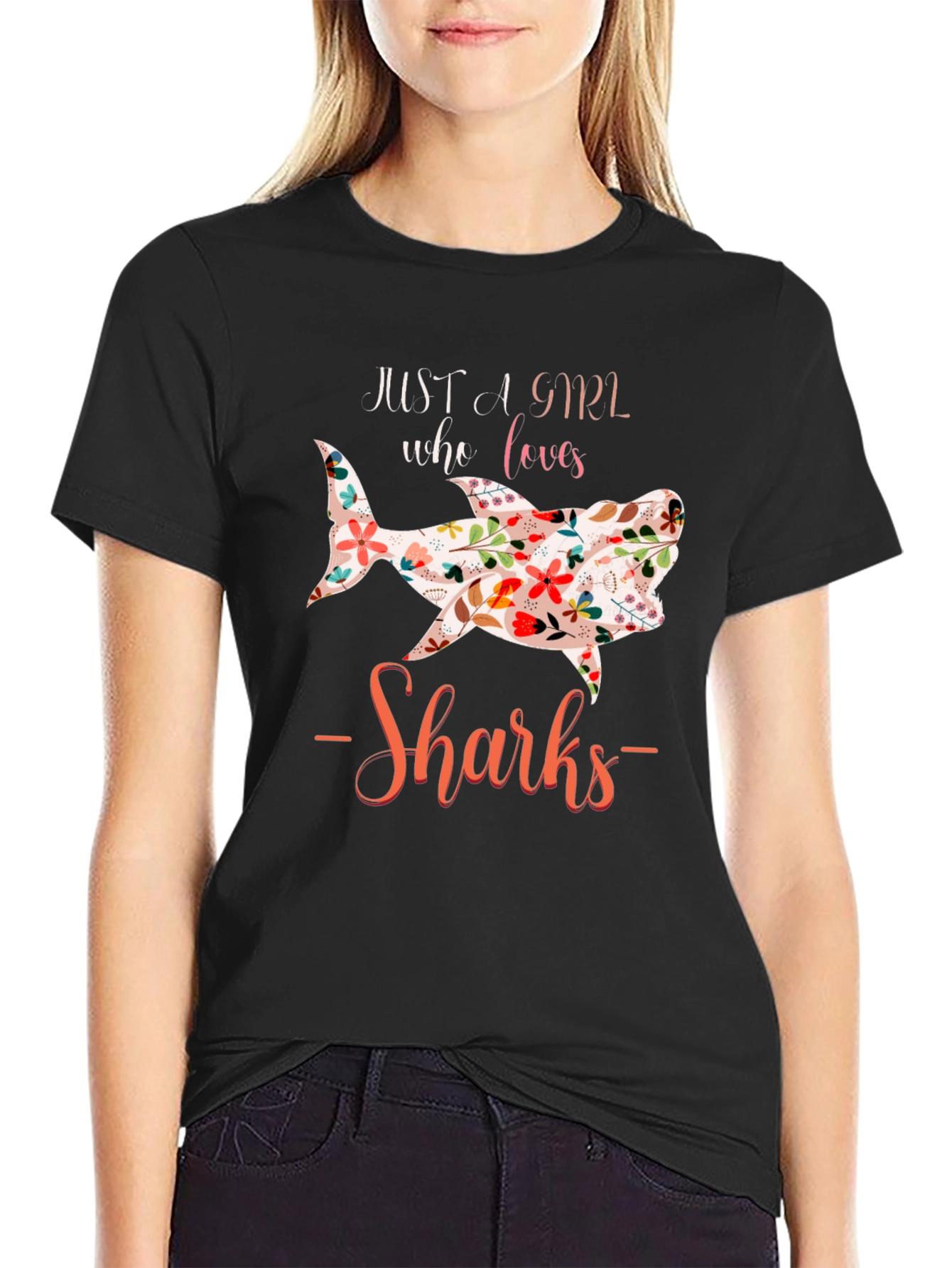 Floral Shark Lover Black T-Shirt