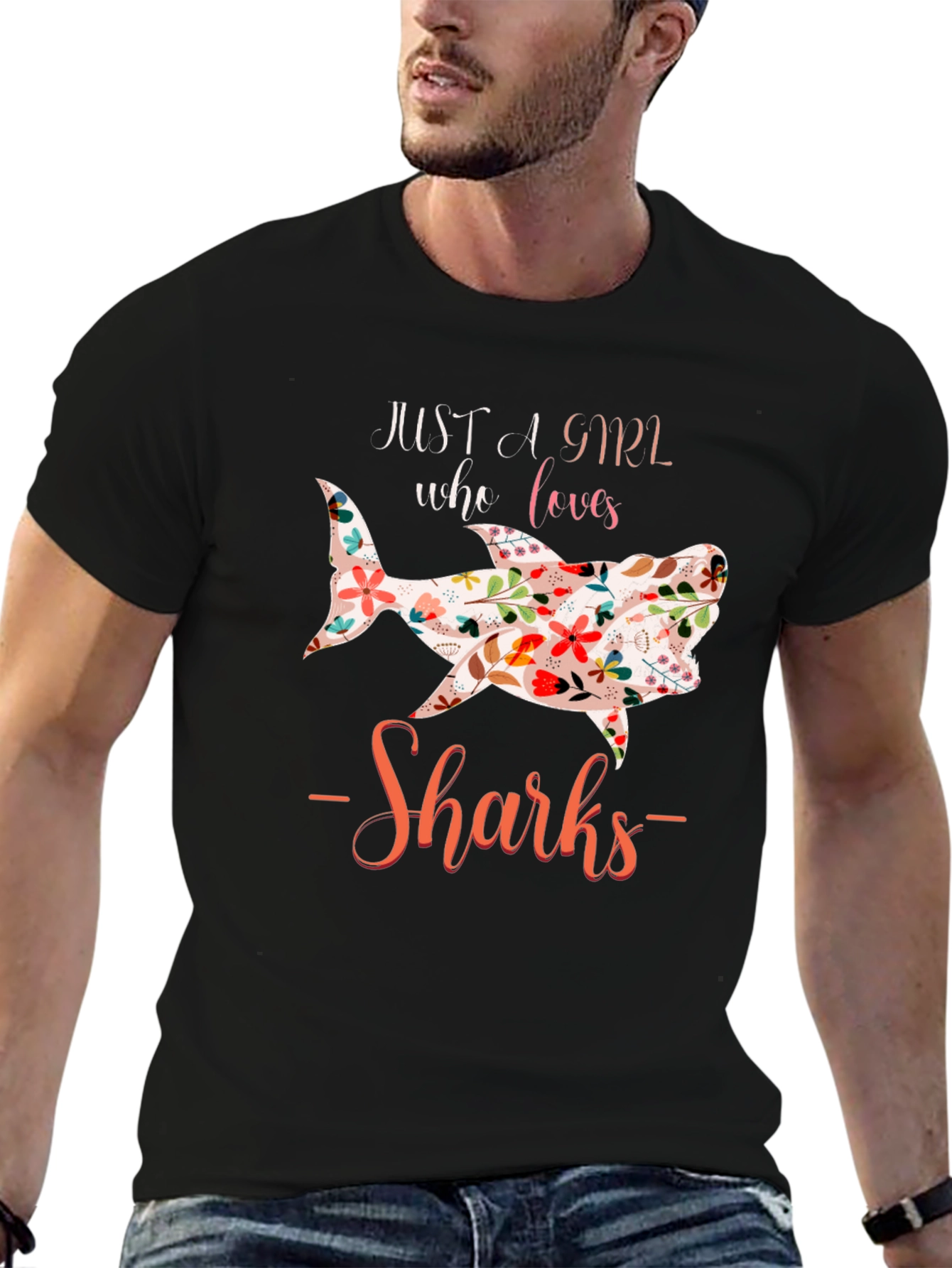 Floral Shark Lover Black T-Shirt