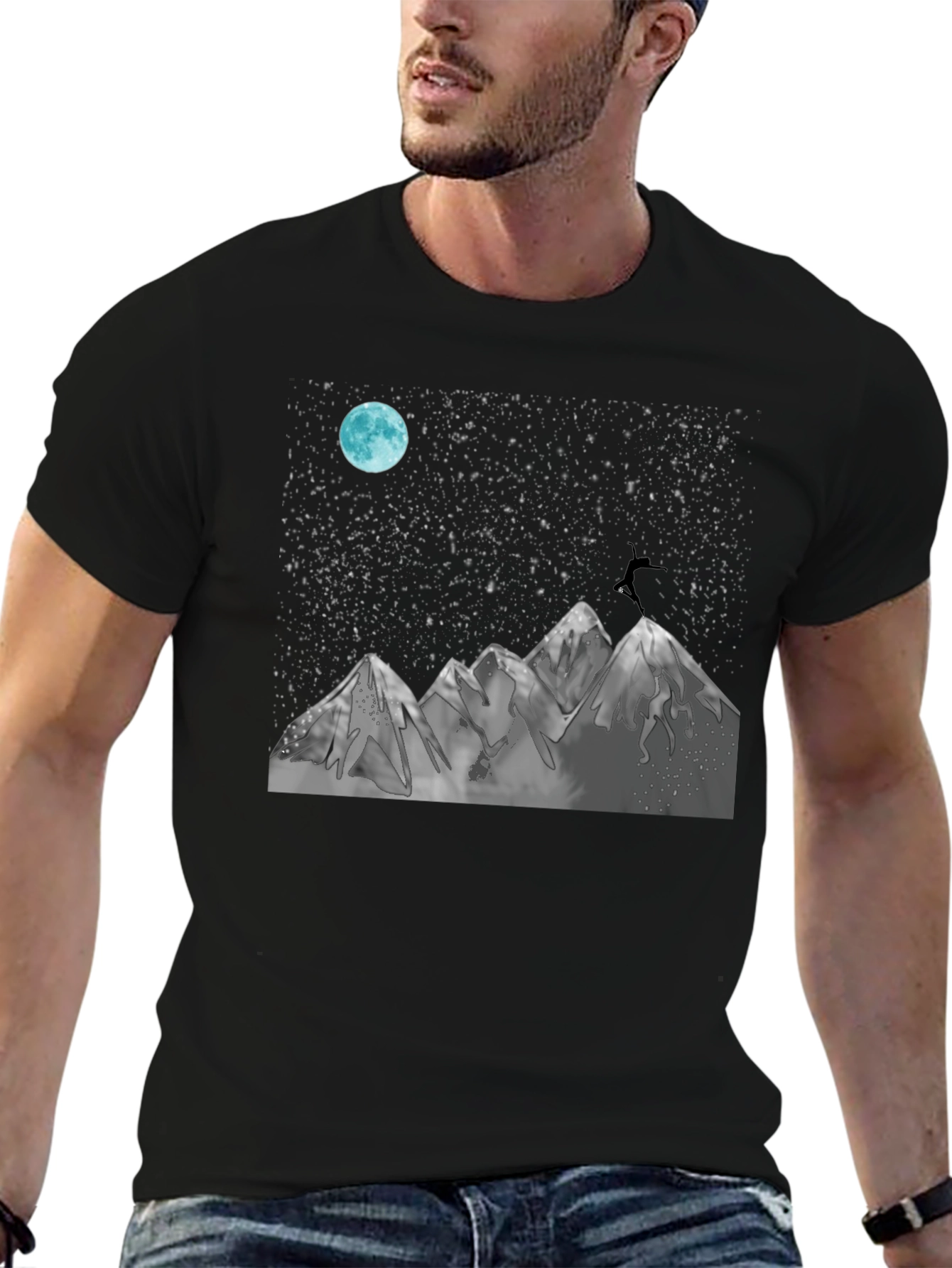 Night Sky Mountain Graphic Tee - Black Cotton Blend