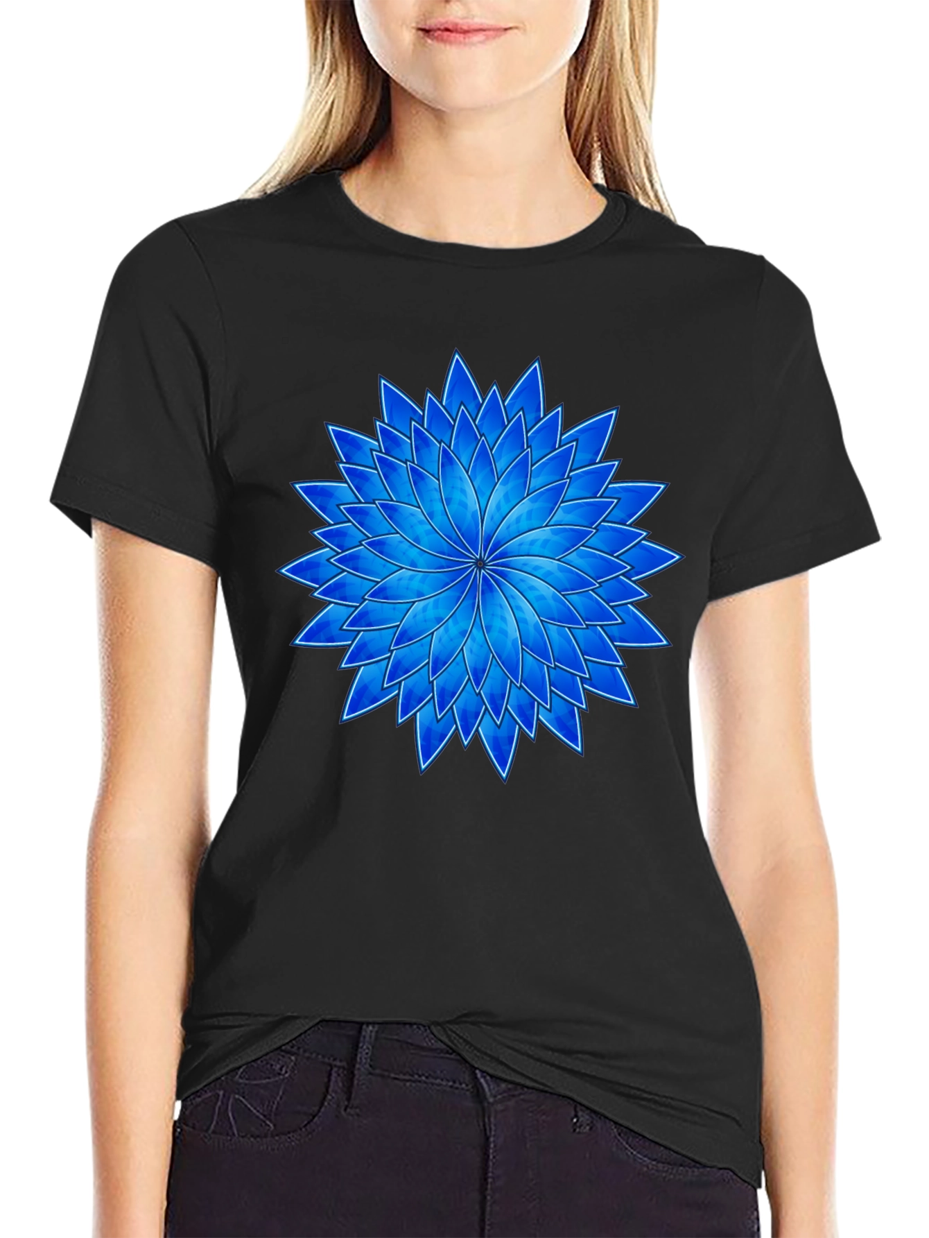 Blue Flower Graphic Black T-Shirt