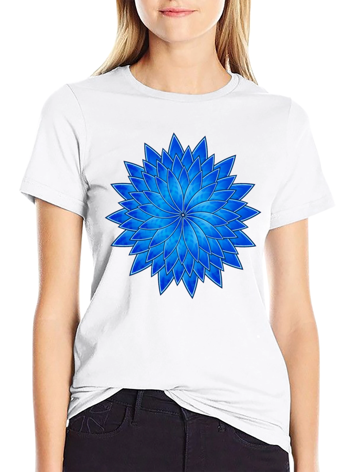 Blue Flower Graphic Black T-Shirt