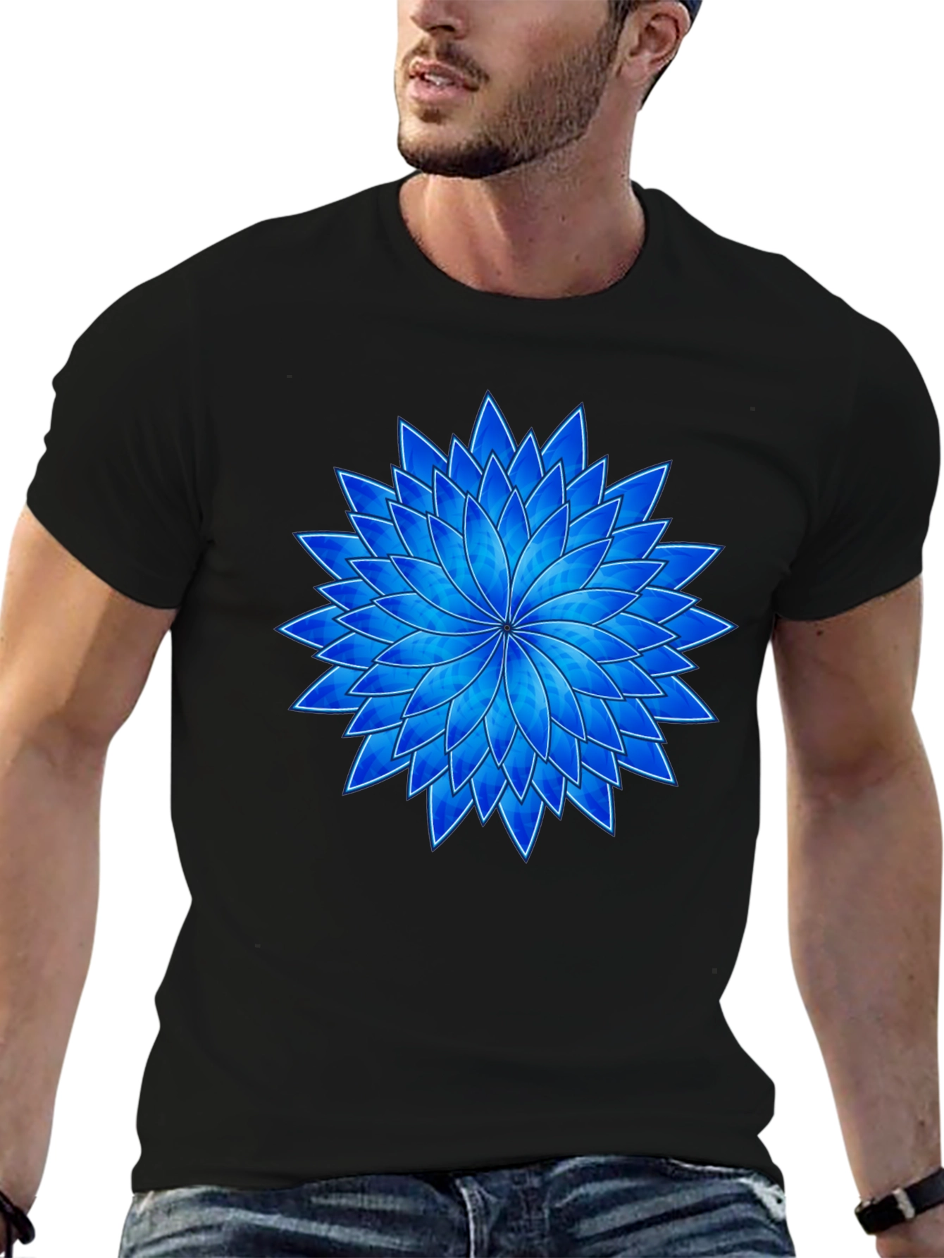 Blue Flower Graphic Black T-Shirt