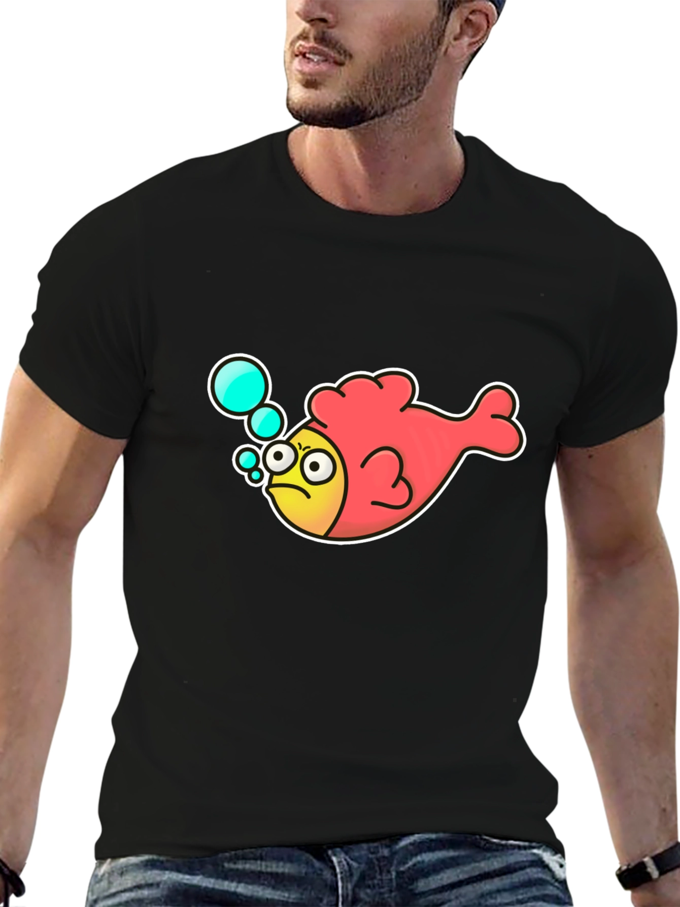 Funny Angry Fish Cartoon Black T-shirt