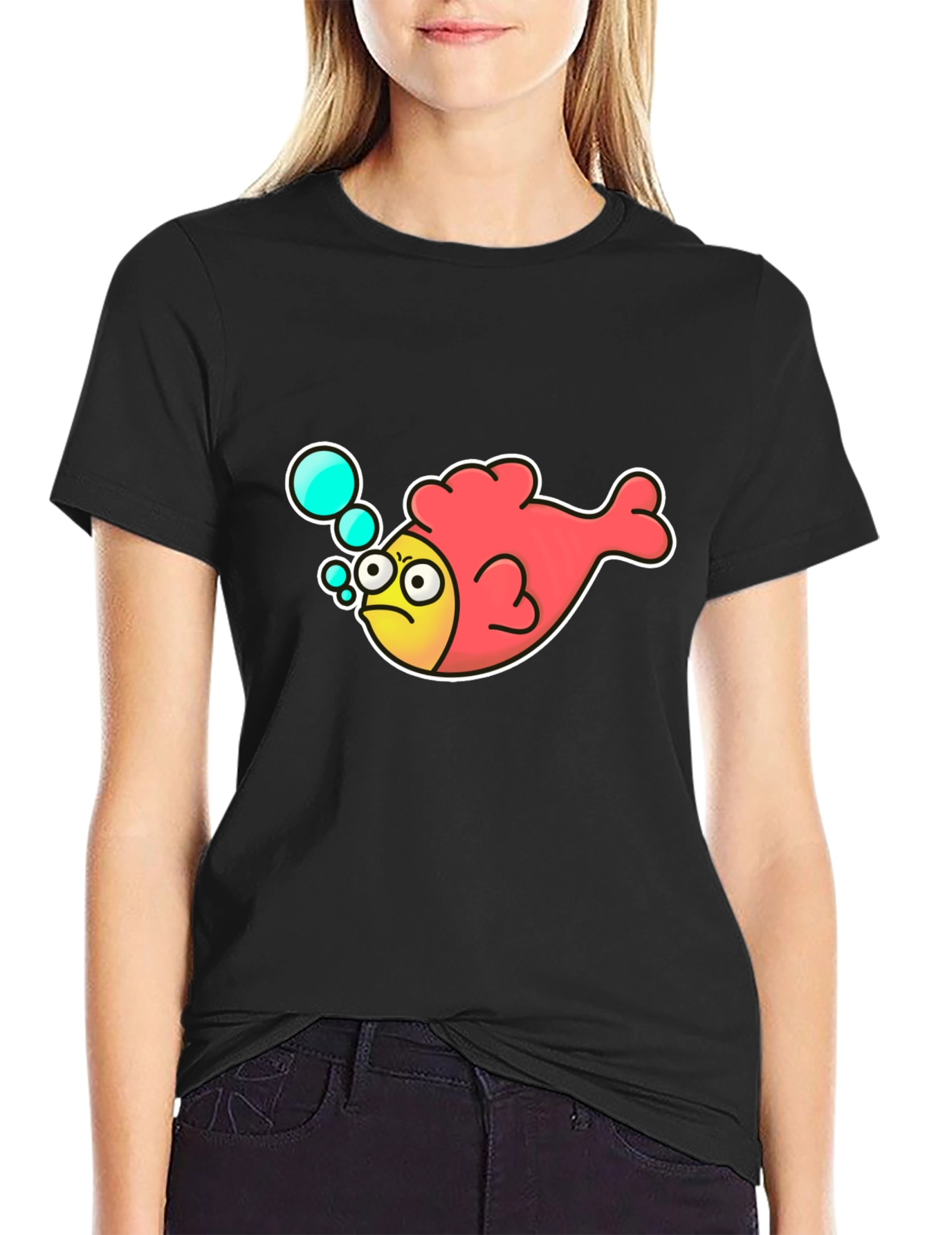 Funny Angry Fish Cartoon Black T-shirt