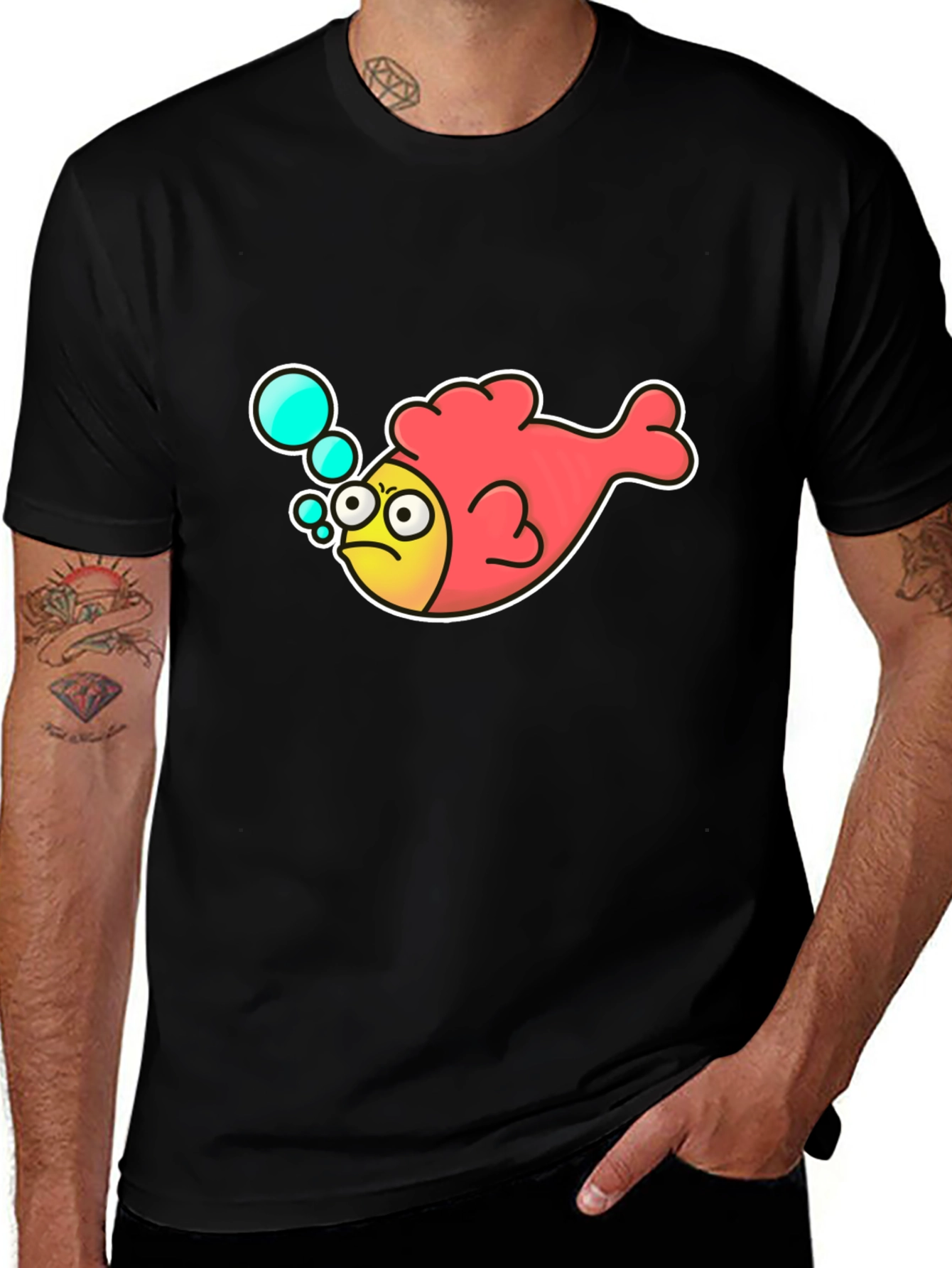 Funny Angry Fish Cartoon Black T-shirt